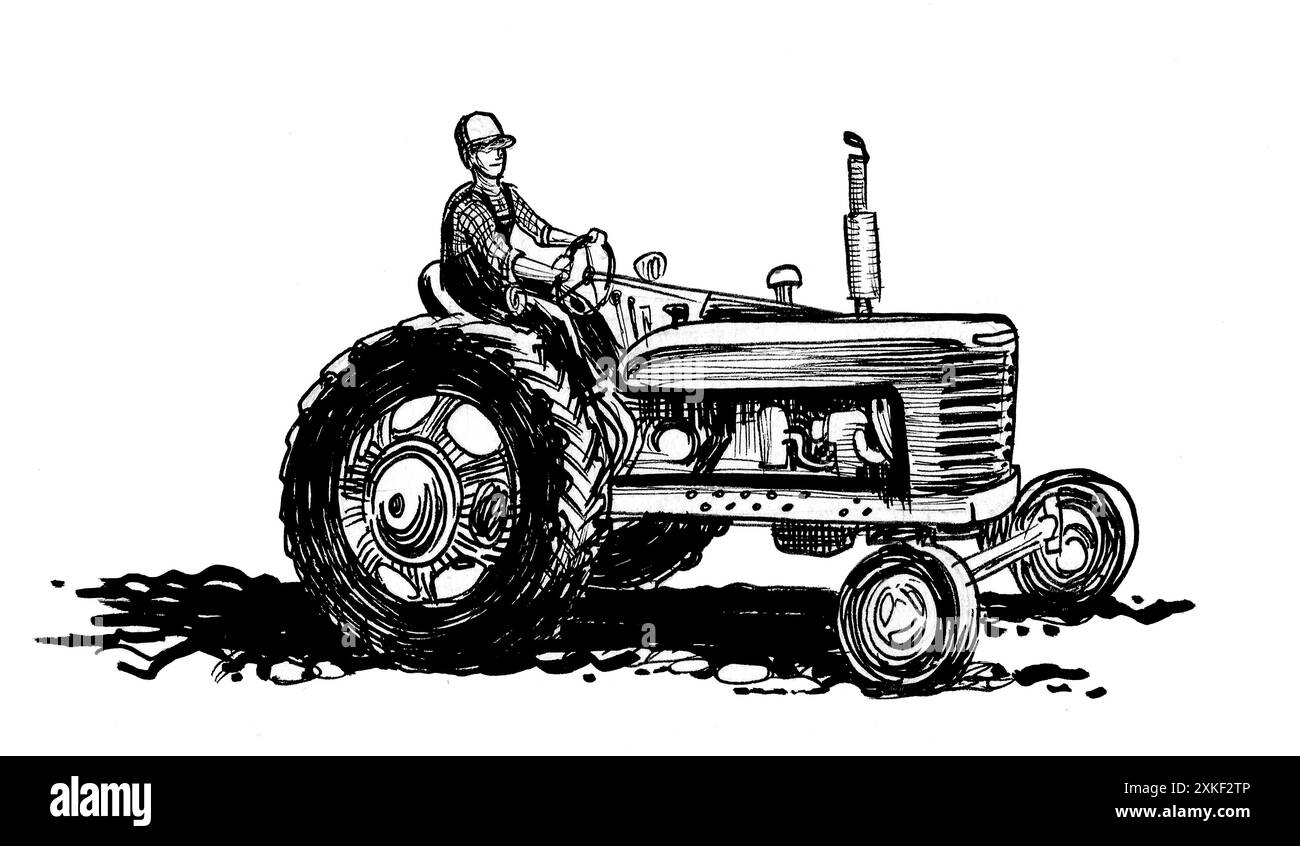 Coltivatore sul trattore. Illustrazione in bianco e nero con inchiostro retrò disegnato a mano Foto Stock
