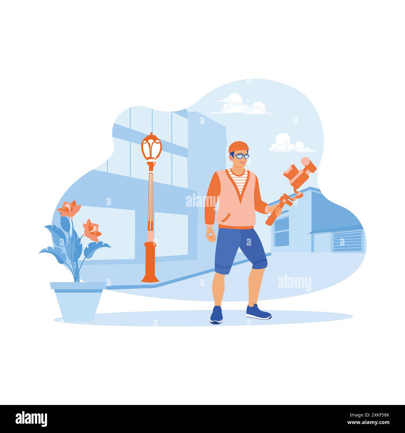 Giovane blogger maschile o vlogger che viaggia in una strada cittadina. Guardare la fotocamera e parlare di acquisizione video con la tecnologia. Creazione di contenuti Illustrazione Vettoriale