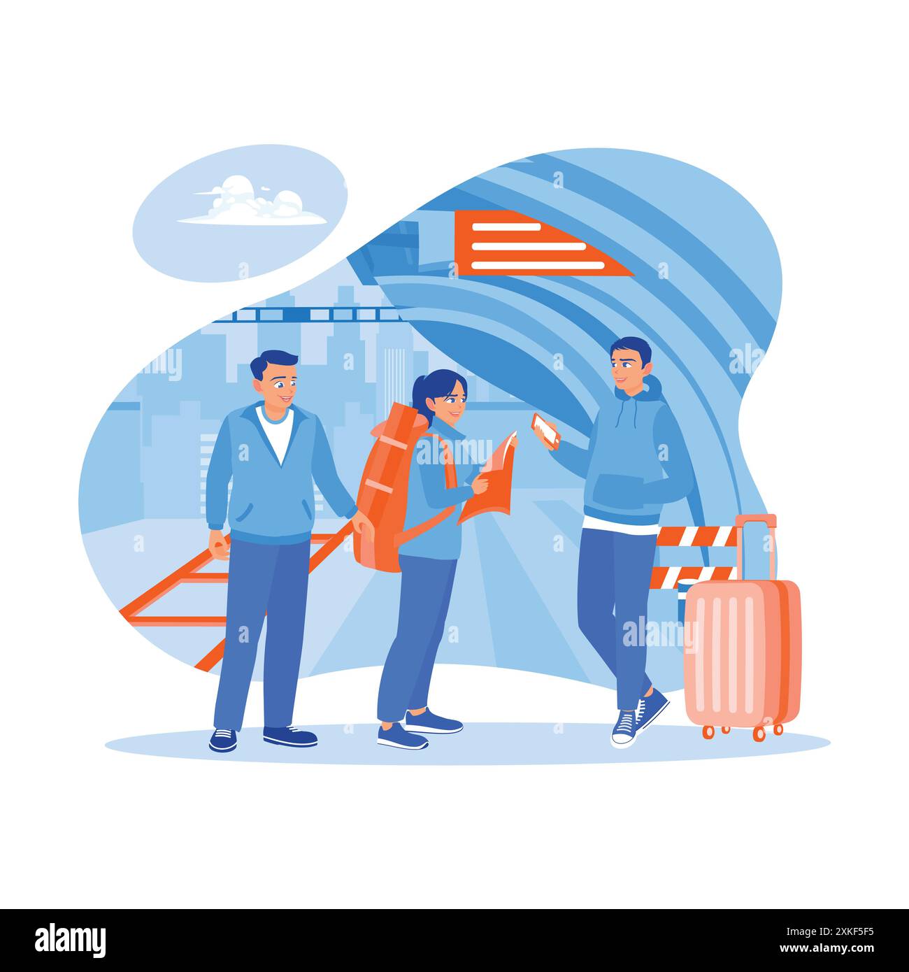 Un gruppo multietnico di amici che utilizza mappe e smartphone su una piattaforma della stazione ferroviaria. Fate un viaggio turistico in treno. Guida turistica. modalità trend Illustrazione Vettoriale