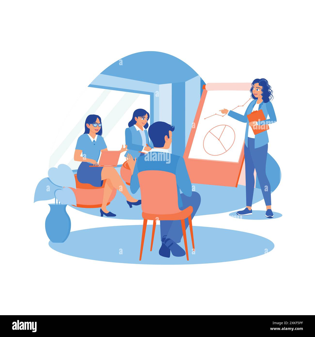 Manager donna che presenta la strategia aziendale dell'azienda. Le donne manager e partner commerciali si scambiano idee e condividono idee. B Illustrazione Vettoriale