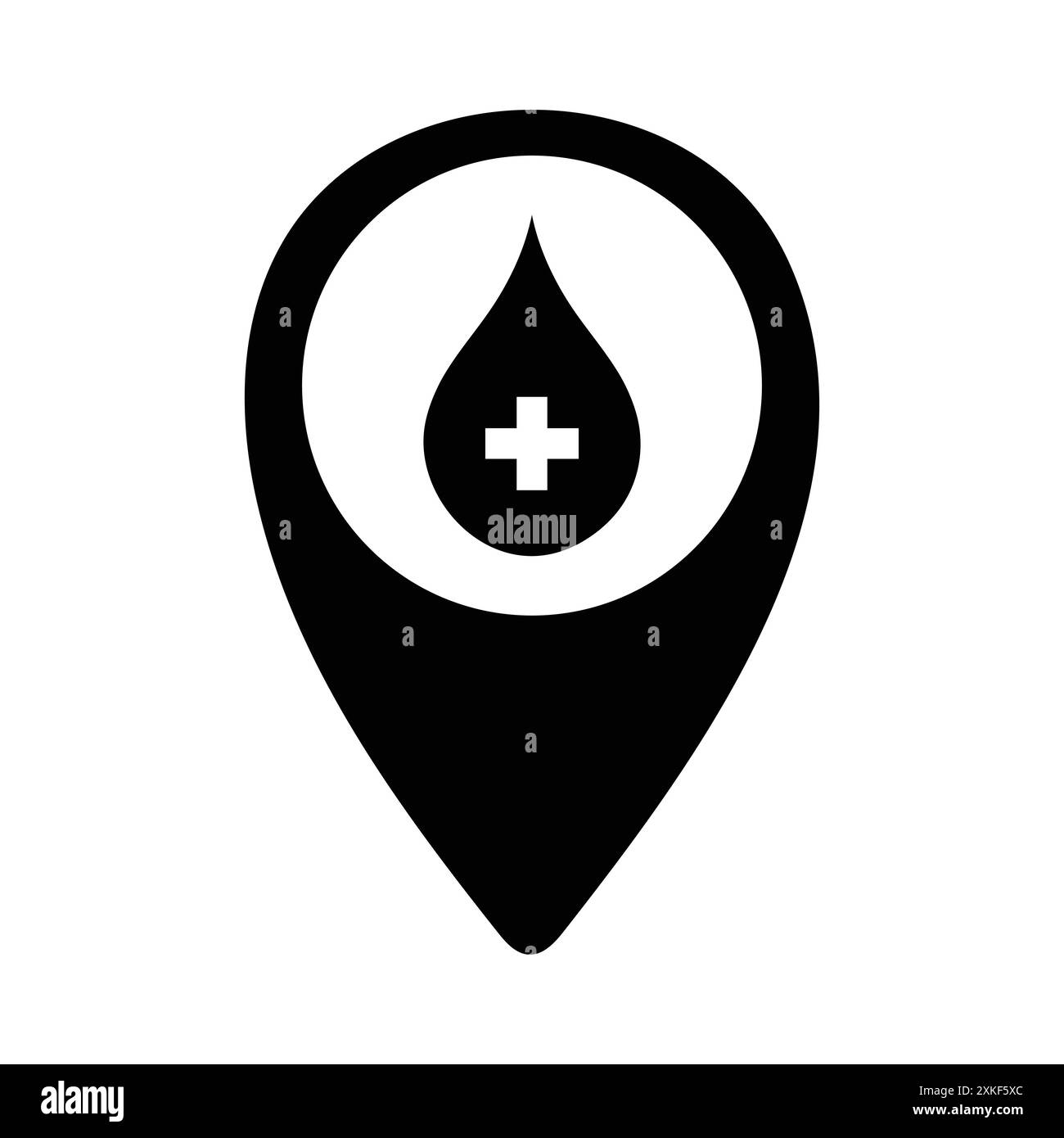 Icona posizione ospedale di colore nero. Icona puntatore mappa. Illustrazione vettoriale. Pin posizione ospedale di colore nero. Questa e' una goccia di sangue all'interno del luogo. Illustrazione Vettoriale