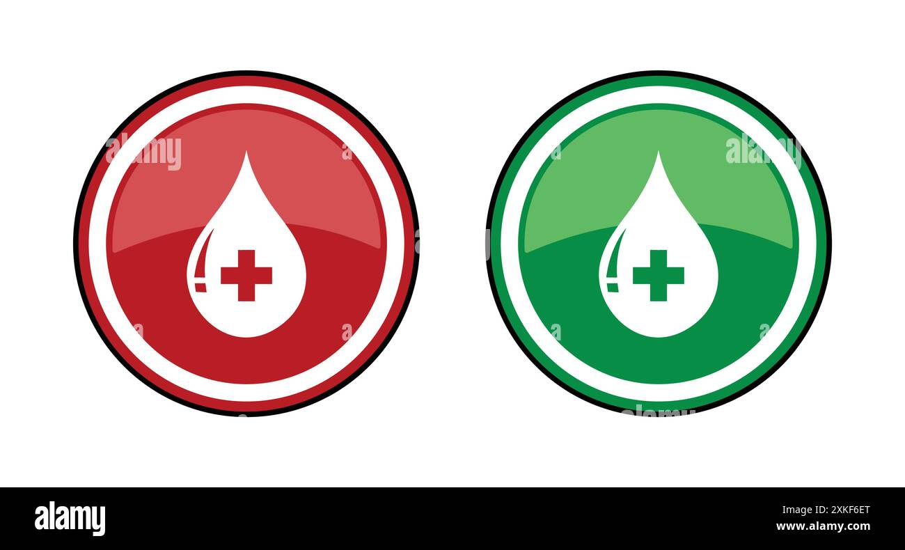 Logotipo del simbolo della goccia di sangue. Donare gocce di sangue con segno incrociato. Concetto di donatore. Design piatto. Simbolo medico. Set di icone con logo a goccia di sangue. Illustrazione Vettoriale