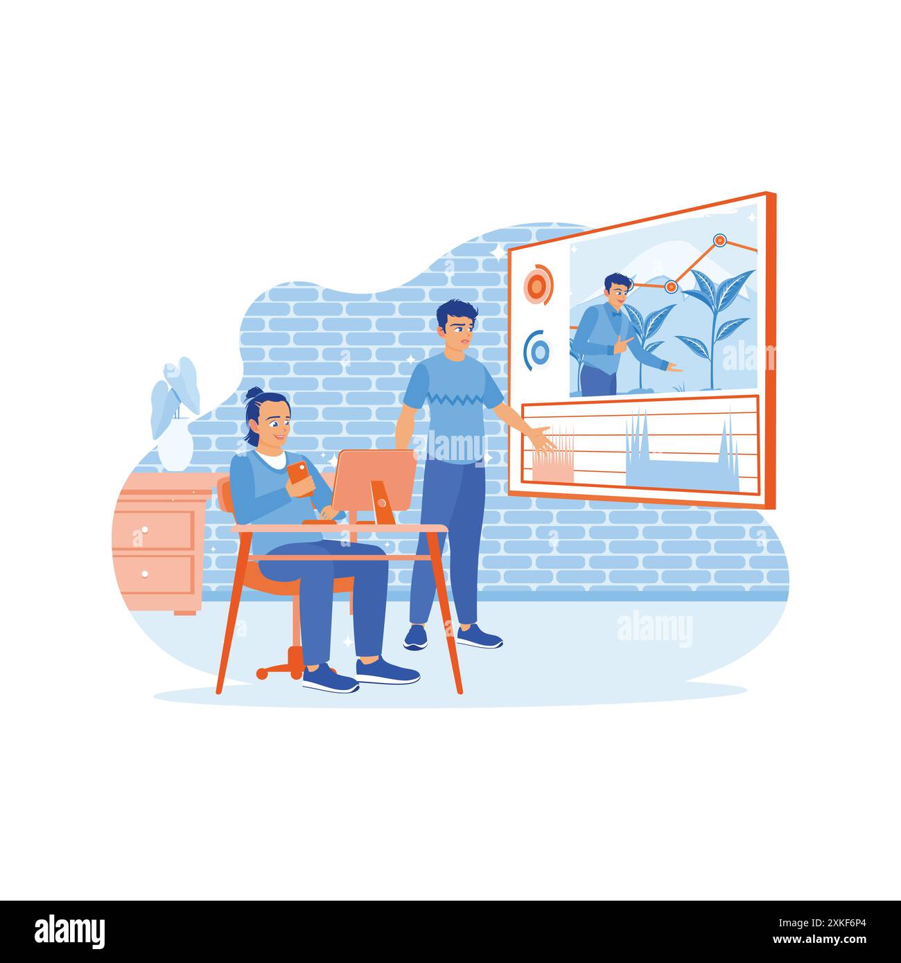 Un uomo e un produttore lavorano insieme in un ufficio creativo. Modificano video con correzione del colore di video documentari o commerciali. Editor video Illustrazione Vettoriale