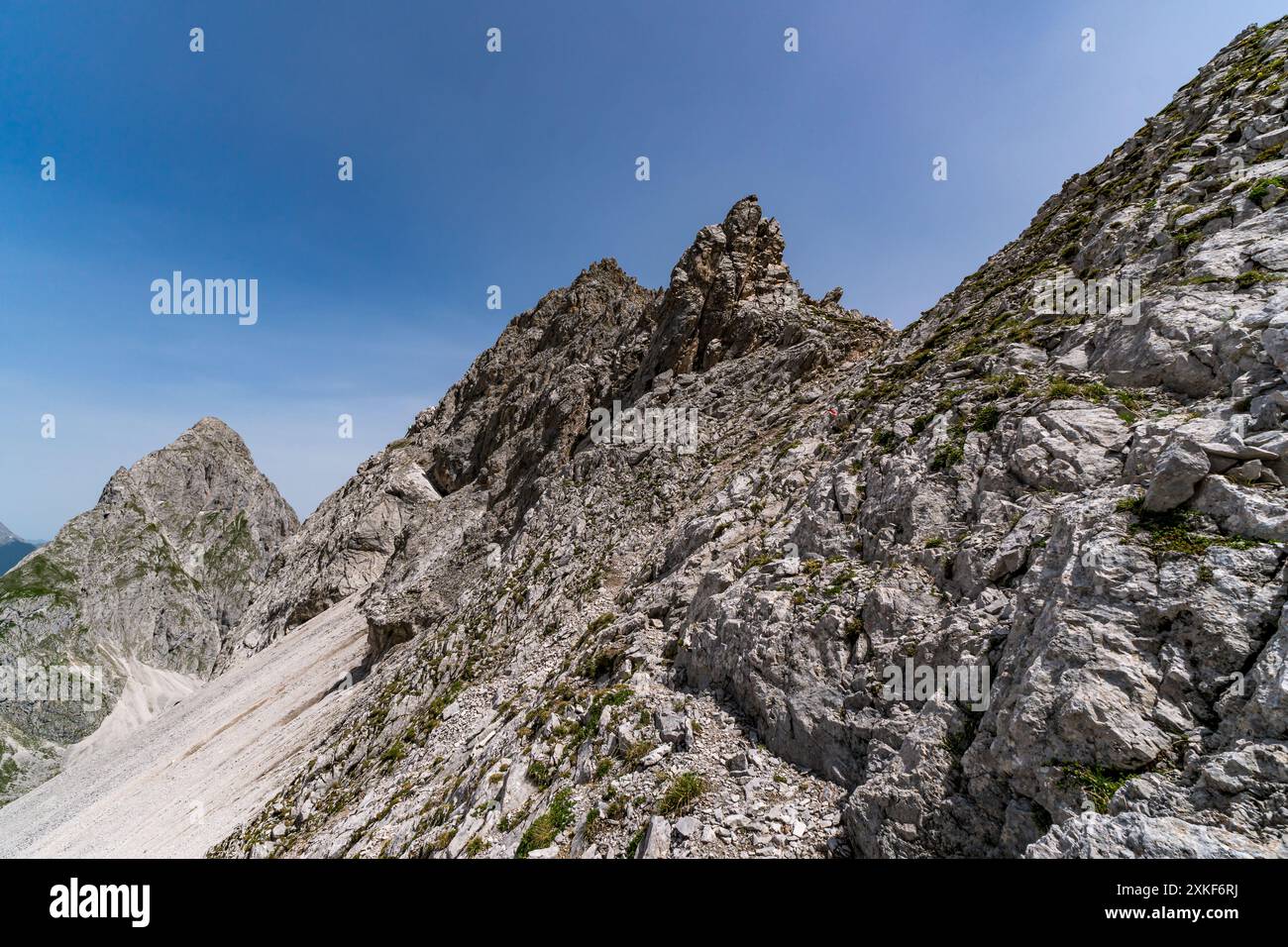 Tour in montagna al Vorderer Drachenkopf nelle montagne Mieminger vicino a Ehrwald nella Tiroler Zugspitz Arena Foto Stock