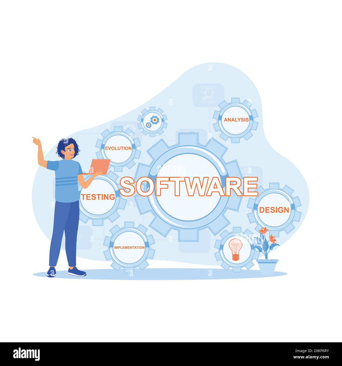 Esperti informatici sviluppano software e automatizzano i processi aziendali negli uffici moderni. Sto utilizzando un laptop e una tecnologia su uno schermo virtuale. Software Illustrazione Vettoriale
