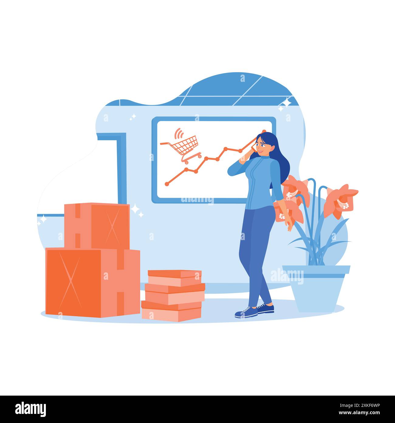 Donna titolare di un'azienda di spedizioni in consegna che lavora presso la sede centrale. Ricevi ordini dai clienti tramite telefonate. Concetto di conferma dell'ordine. tendenza Illustrazione Vettoriale