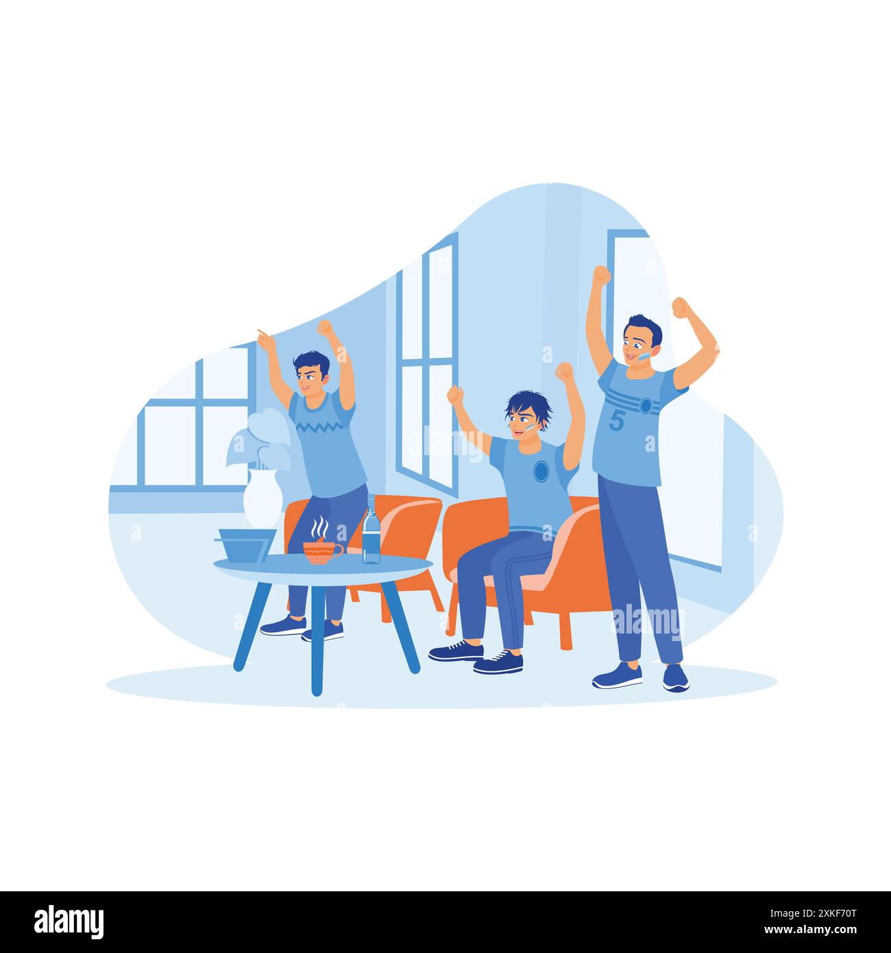 Tre tifosi di calcio che guardano una partita insieme in interni con facce dipinte. Tifa e urla quando la loro squadra vince. Concetto di celebrazione. tendenza Illustrazione Vettoriale