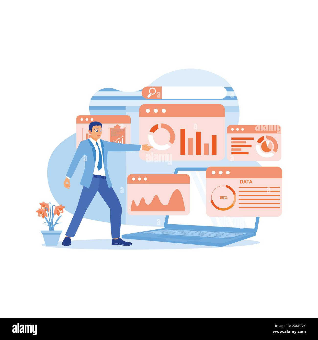 Un analista punta sullo schermo di un notebook visualizzando statistiche di crescita, grafici e dati. Analizzare i dati aziendali e i sistemi di gestione dei dati con i KPI. Busin Illustrazione Vettoriale