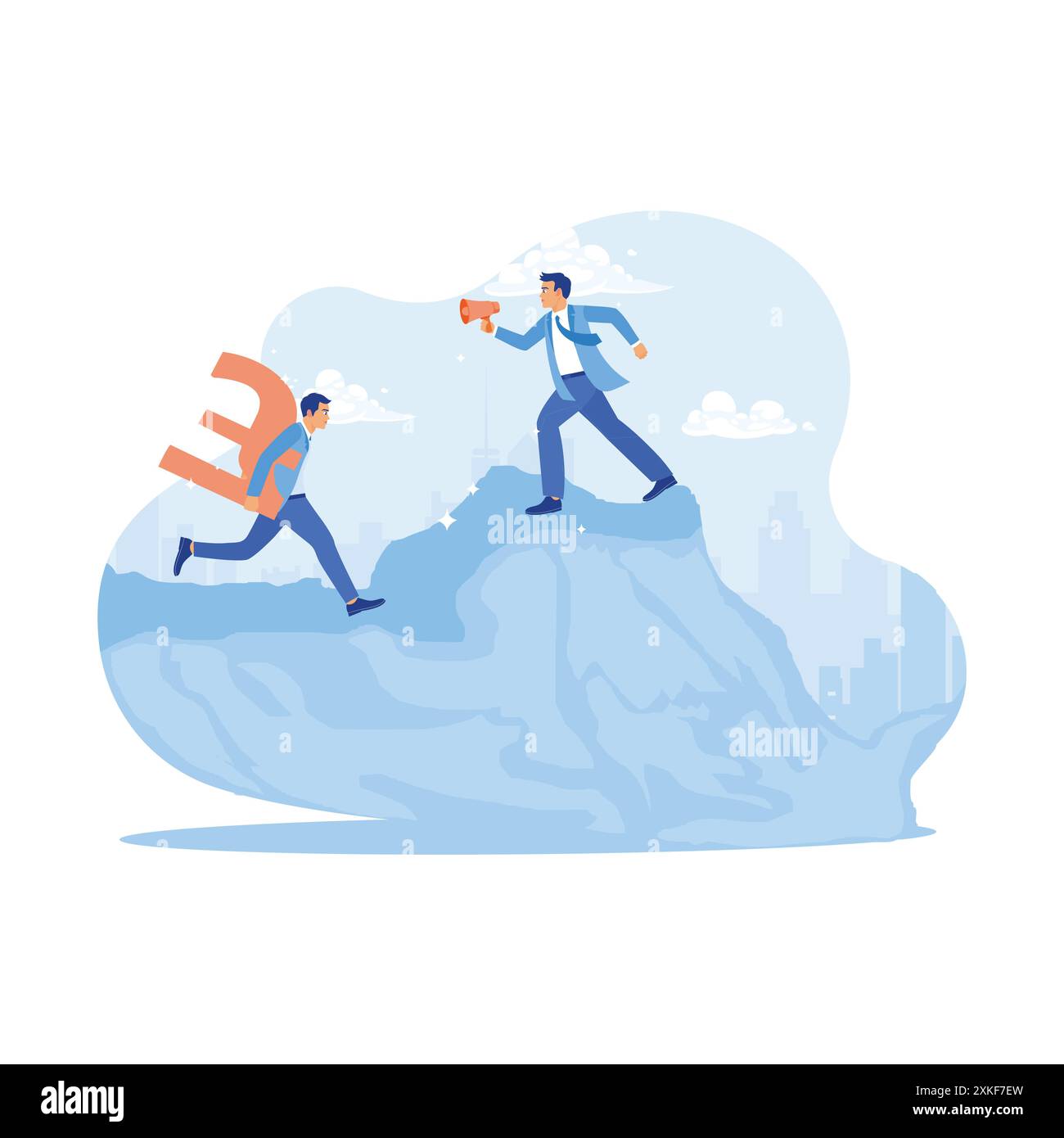 Cattivo boss con un megafono. Parla con il dipendente che porta il simbolo dell'euro d'oro per salire in cima alla montagna. Concetto di scenari di controllo finanziario. Illustrazione Vettoriale