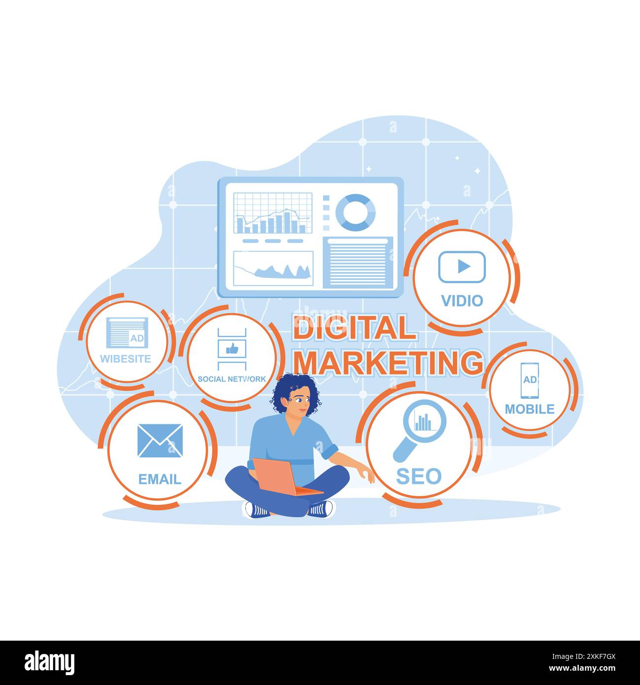 Gli uomini d'affari utilizzano un notebook per creare concetti di marketing digitale. Icone di marketing sullo schermo dei notebook analisi del team ritorno sull'investimento (ROI) e retribuzione P. Illustrazione Vettoriale