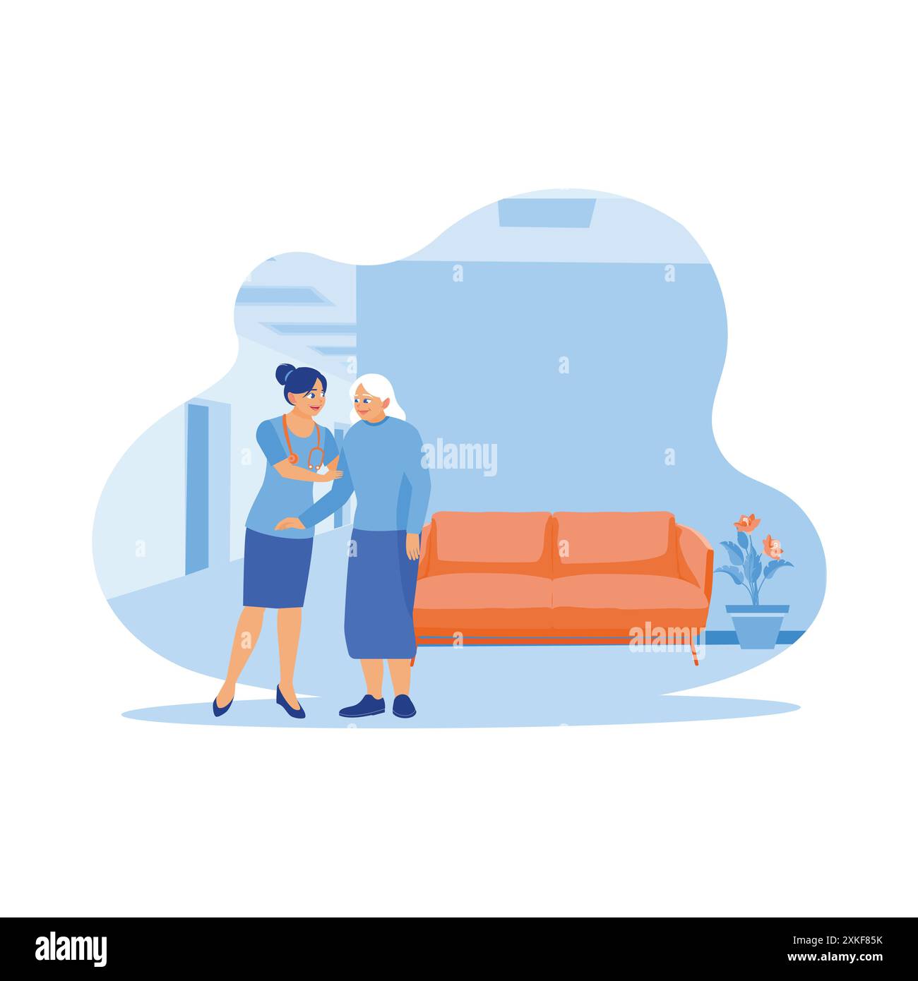 Una giovane tata aiuta una donna anziana a fare pratica a camminare in casa. Il paziente era curato in una casa di cura. Concetto di paziente anziano. Trend Modern V Illustrazione Vettoriale