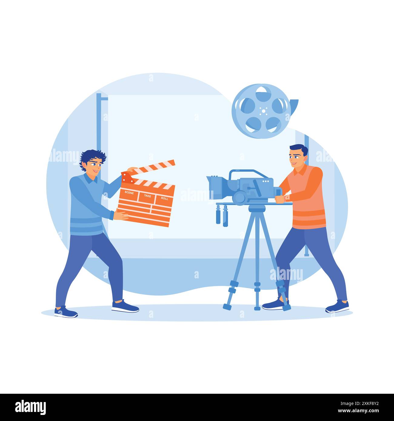 Uomo che tiene in mano il clapper e il cameraman con la macchina fotografica in mano. Dietro le quinte delle riprese in studio. Concetto di produzione cinematografica. Tendenza vettoriale moderna f Illustrazione Vettoriale
