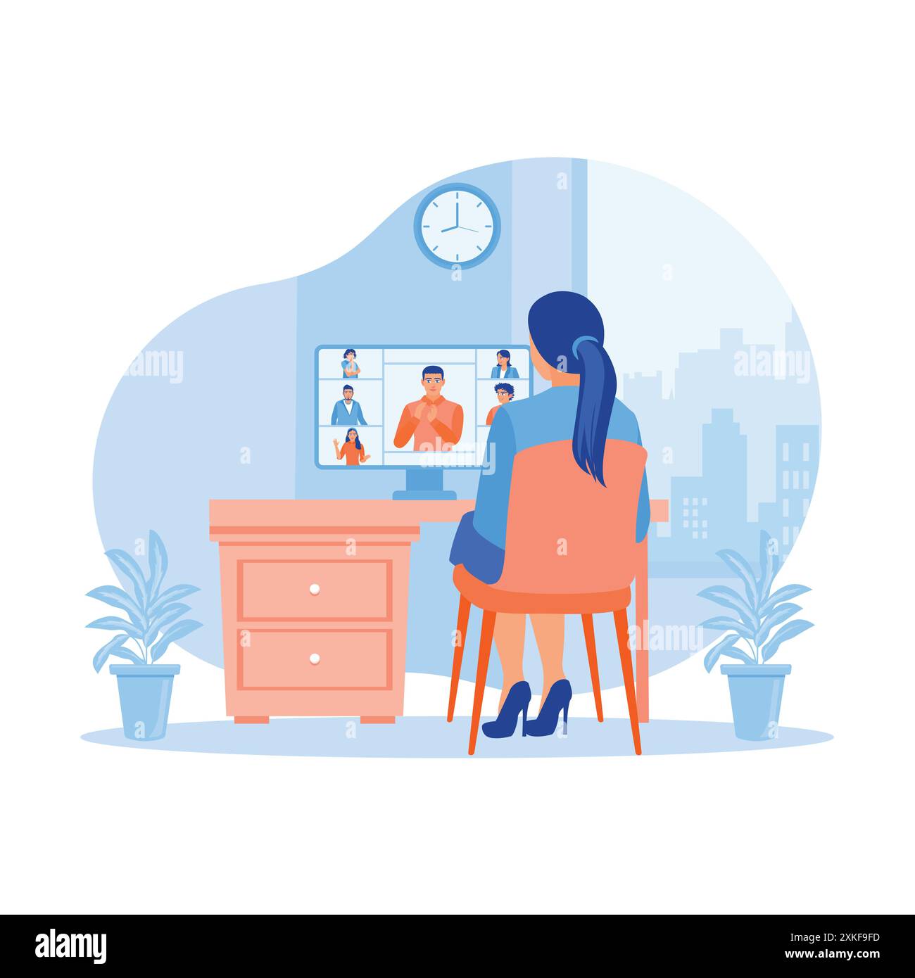 Una giovane donna sta effettuando una videochiamata con un collega. Parlare con i colleghi nella tecnologia di videoconferenza di gruppo webcam sullo schermo di un computer. Illustrazione Vettoriale