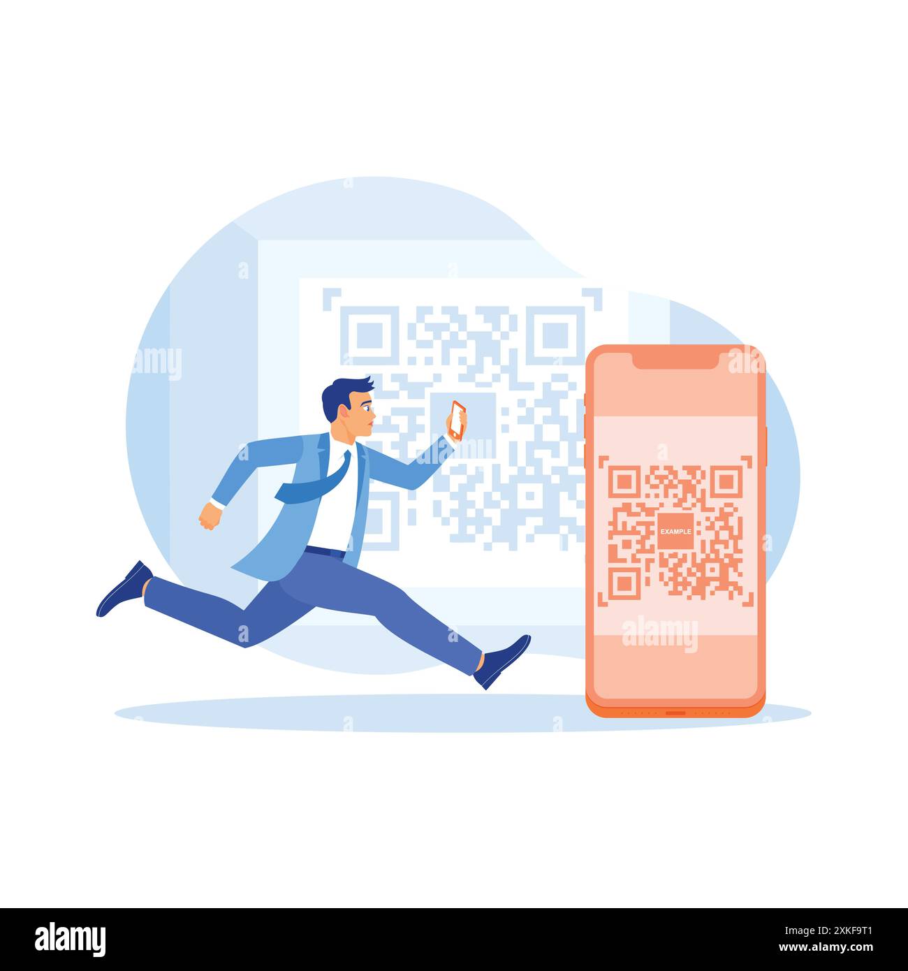 Uomo con smartphone con tecnologia QR code scanner sullo schermo. Il codice QR di scansione viene utilizzato per il pagamento online. Concetto di business digitale. Tendenza moderna Illustrazione Vettoriale