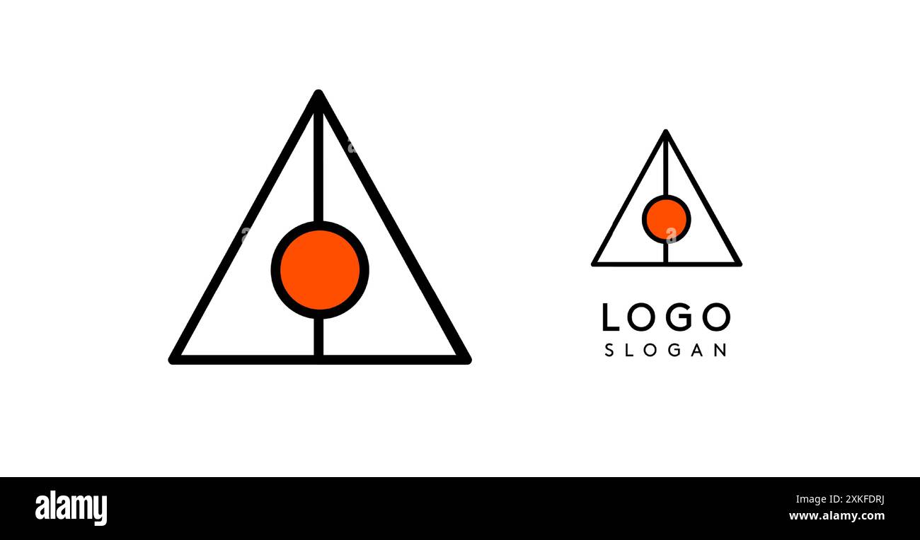 Logo del triangolo astratto con cerchio arancione centrale. Design moderno e minimalista con linee nere e linee pulite per il marchio aziendale e il business Illustrazione Vettoriale