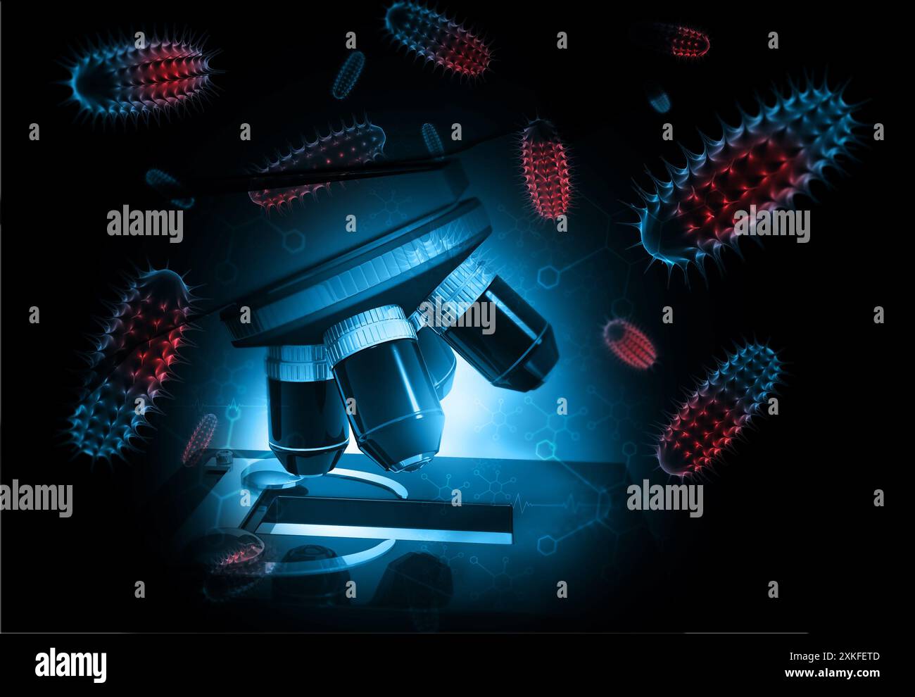 Microscopio con virus. concetto di esperimento virus. illustrazione 3d. Foto Stock