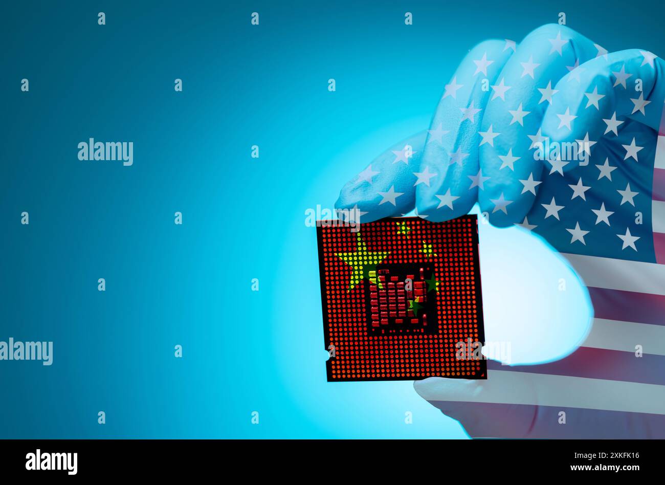 Guerra dei chip USA-Cina. Industria dei semiconduttori. Campo di battaglia geopolitico. Le tensioni nei semiconduttori USA-Cina rimodellano le scorte di chip e la tecnologia di Taiwan Foto Stock
