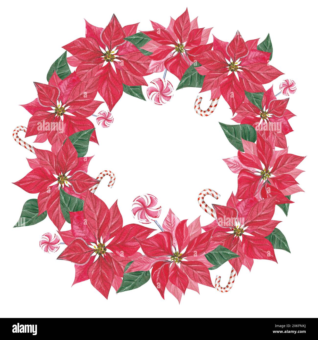 Cornice floreale natalizia con Poinsettia e canne di caramelle. Modello di invito per la festa con illustrazione ad acquerello, disegnato a mano, foglie, fiori e canna da zucchero Foto Stock