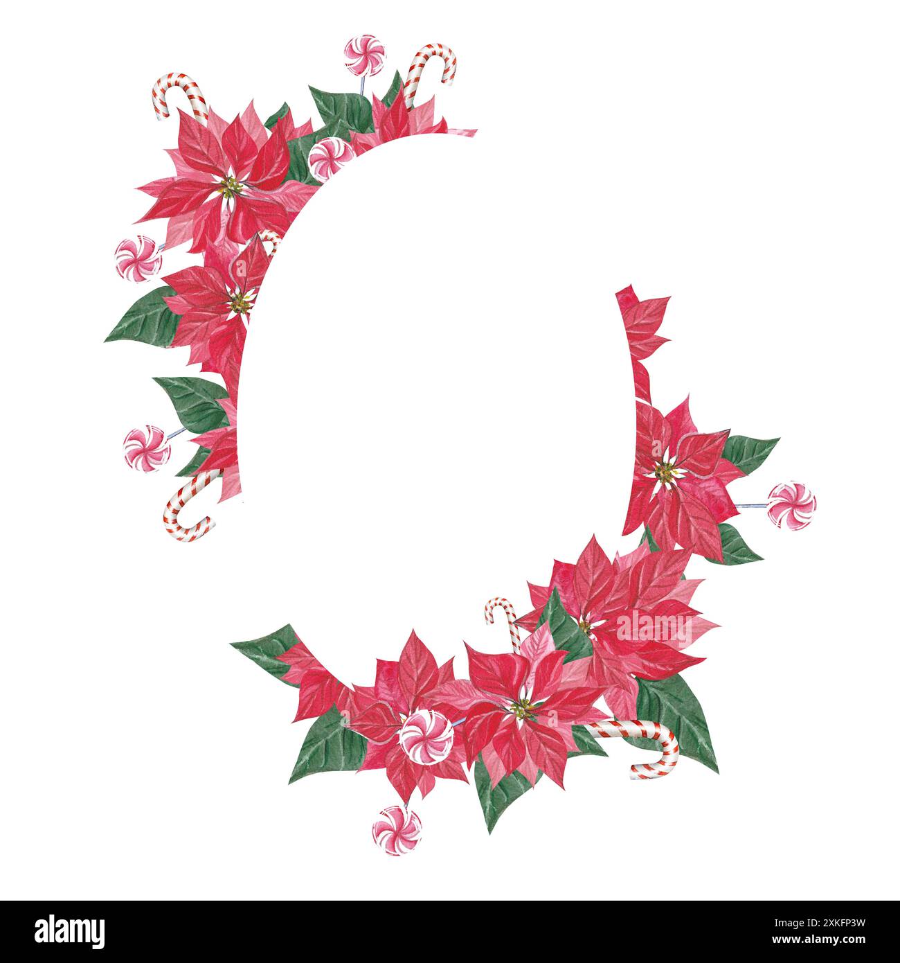 Cornice floreale natalizia con Poinsettia e canne di caramelle. Modello di invito per la festa con illustrazione ad acquerello, disegnato a mano, foglie, fiori e canna da zucchero Foto Stock