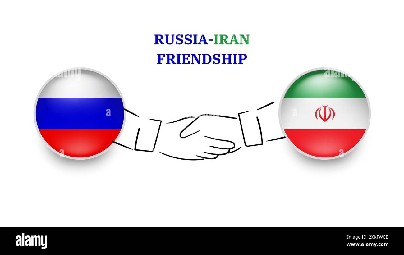 LA RUSSIA e L'IRAN bandiere in cerchio con la mano stringente. Amicizia tra RUSSIA e IRAN. Bandiere RUSSE e IRANI, isolate su sfondo bianco. Set di icone vettoriali. V Illustrazione Vettoriale