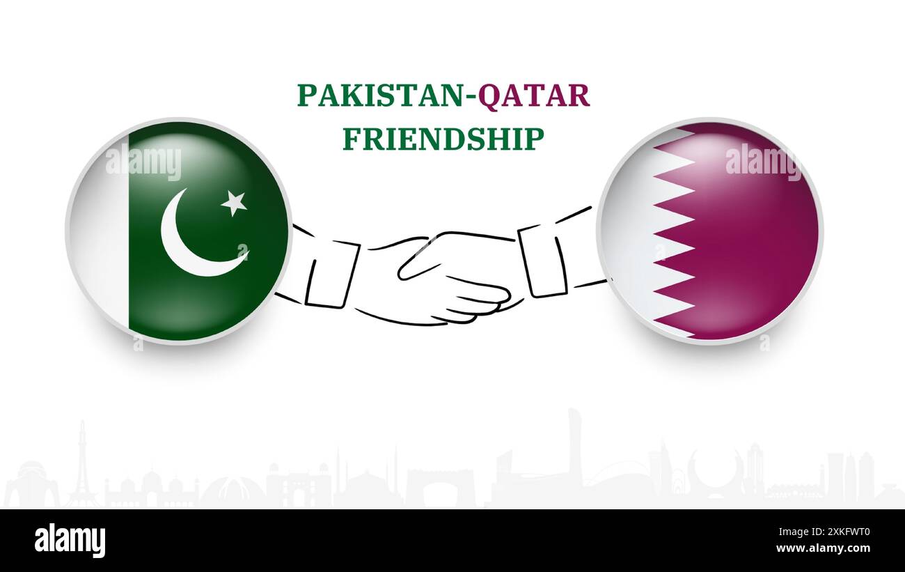 Bandiere del Pakistan e del Qatar in cerchio con la mano stringente. Amicizia tra pakistan e Qatar. E bandiere pakistane e del Qatar, isolate su sfondo bianco. Illustrazione Vettoriale