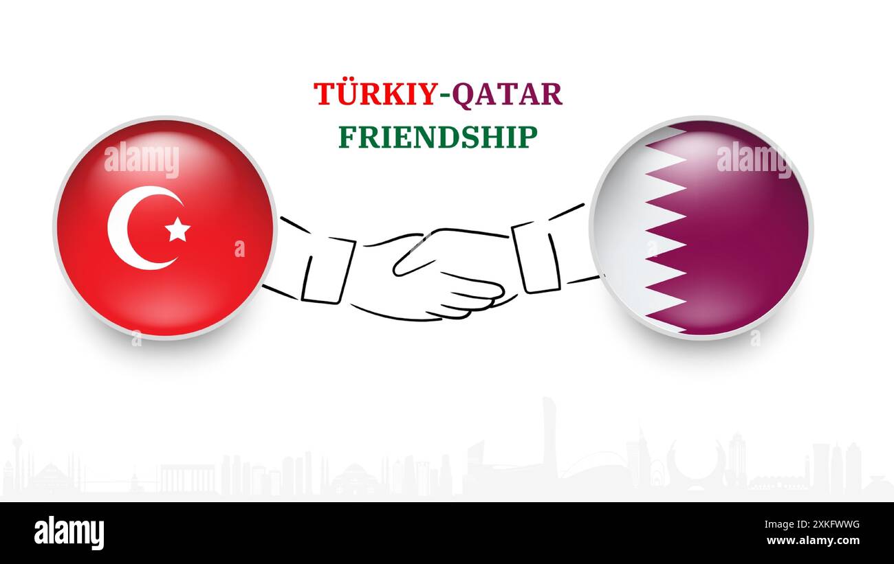 Bandiere di Turchia e Qatar in cerchio con la mano stringente. Amicizia tra Turchia e Qatar. Bandiere turche e del Qatar, isolate su sfondo bianco. Set di icone vettoriali Illustrazione Vettoriale
