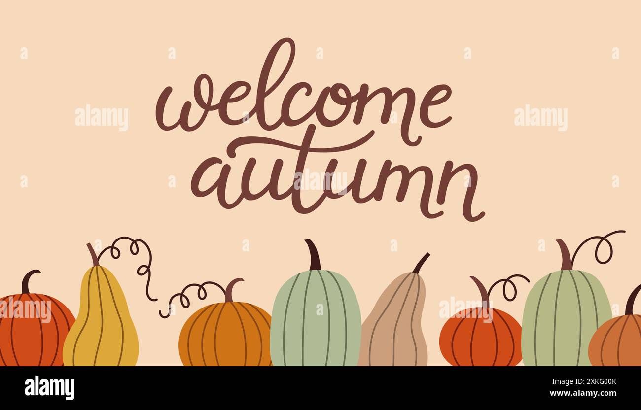 Scritta disegnata a mano: Il banner autunnale è di benvenuto. Slogan scritto a mano nella stagione autunnale. Frase autunnale con graziosi elementi di design Illustrazione Vettoriale