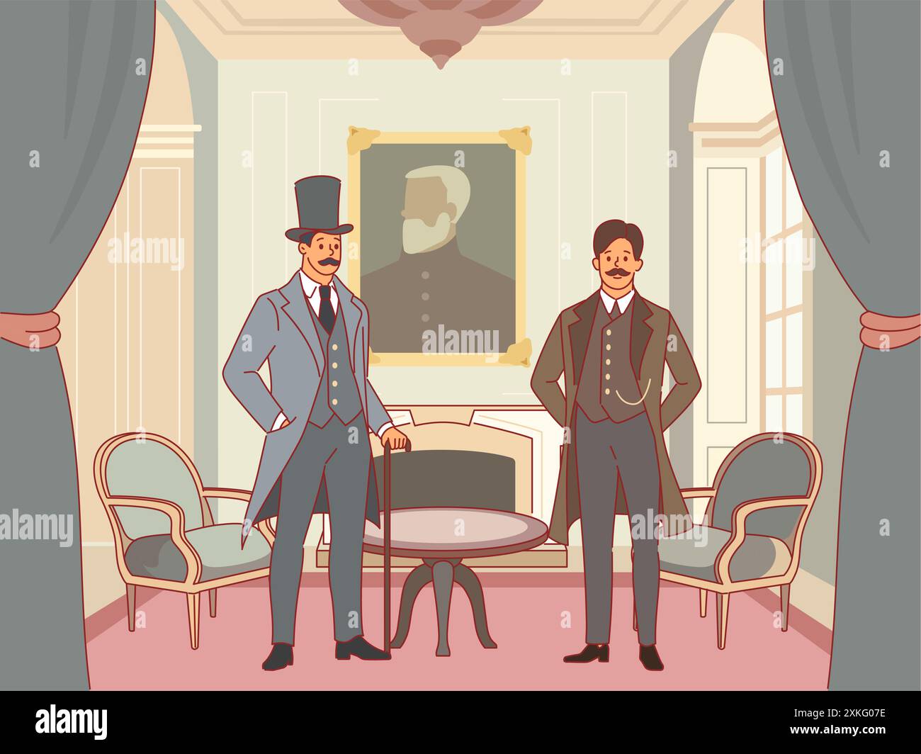 Signori in salotto. Interni vintage, uomini vestiti elegantemente, aristocratici in abiti retrò, vittoriani con baffi, uomini del XIX secolo Illustrazione Vettoriale