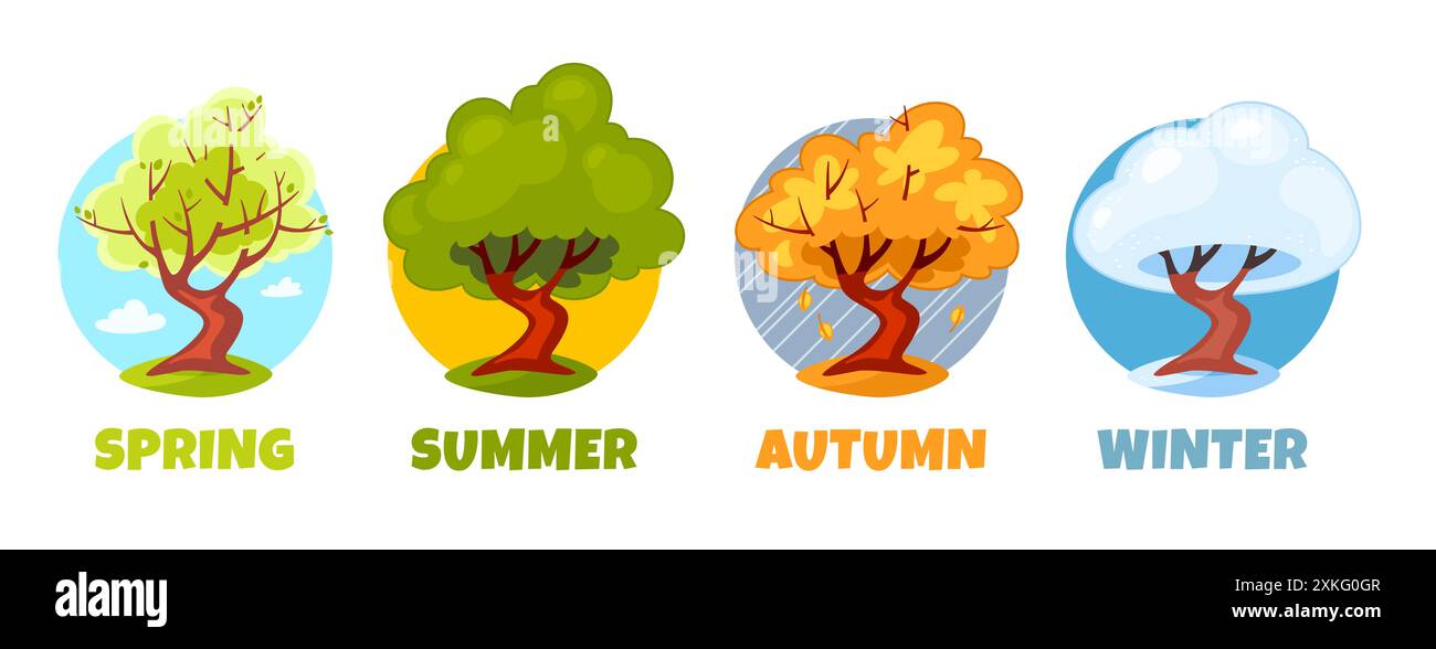 Albero dei cartoni animati in quattro stagioni. Cambiamenti naturali dall'estate all'inverno, la pianta fiorisce, getta le foglie ed è ricoperta di neve. Avvisa la primavera, estate calda Illustrazione Vettoriale