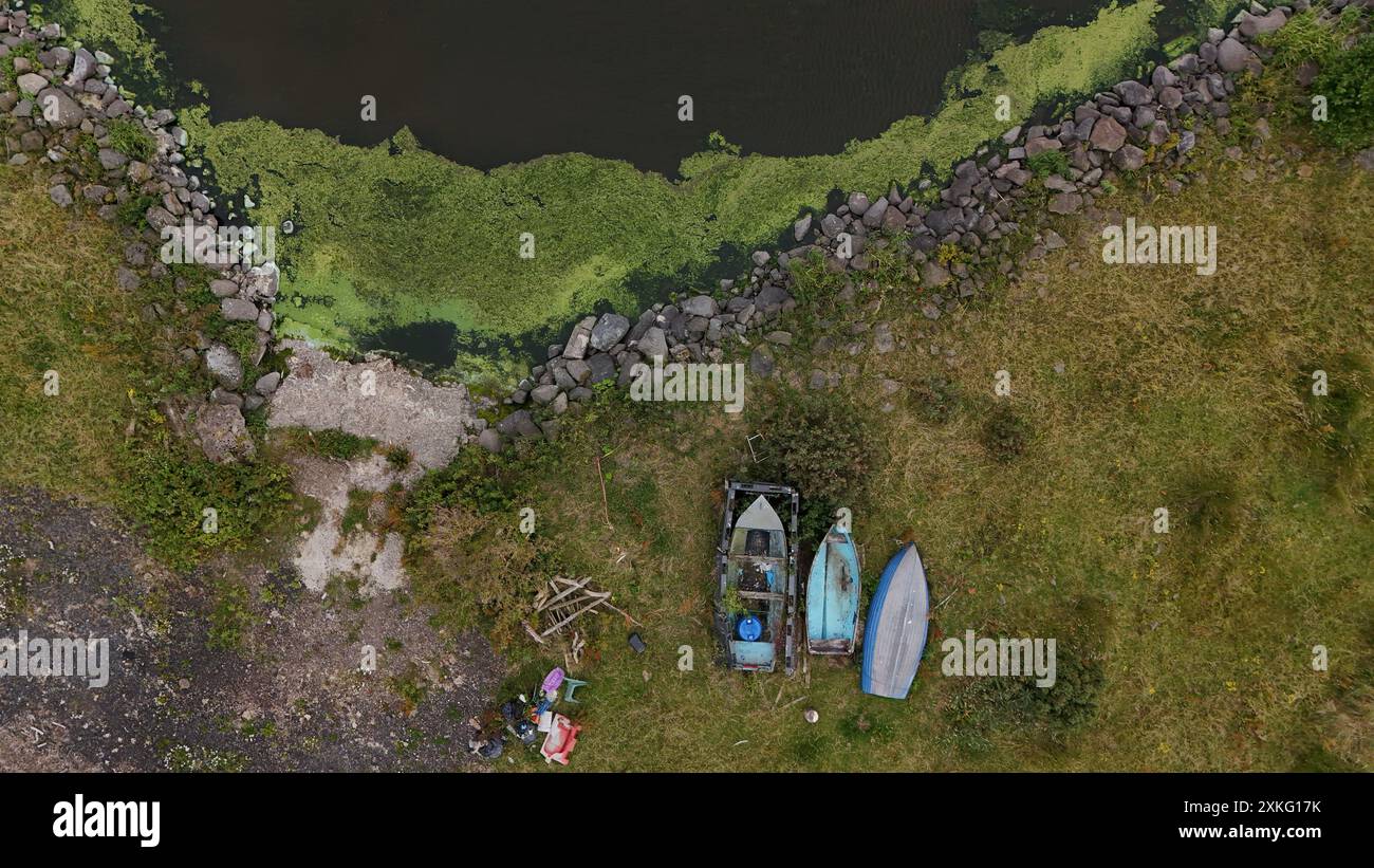 Vista generale delle concentrazioni di alghe Blue Green sulle rive del Lough Neagh nel Co Antrim. Data foto: Martedì 23 luglio 2024. Foto Stock