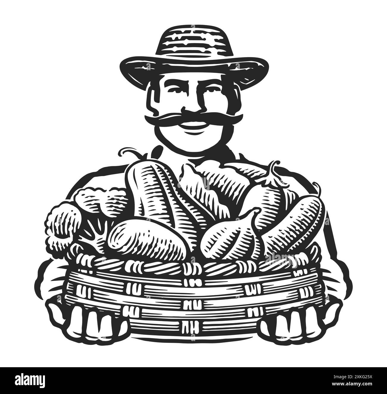 Agricoltore maschio che tiene un cesto con verdure fresche. Cibo agricolo biologico. Illustrazione vettoriale disegnata a mano Illustrazione Vettoriale