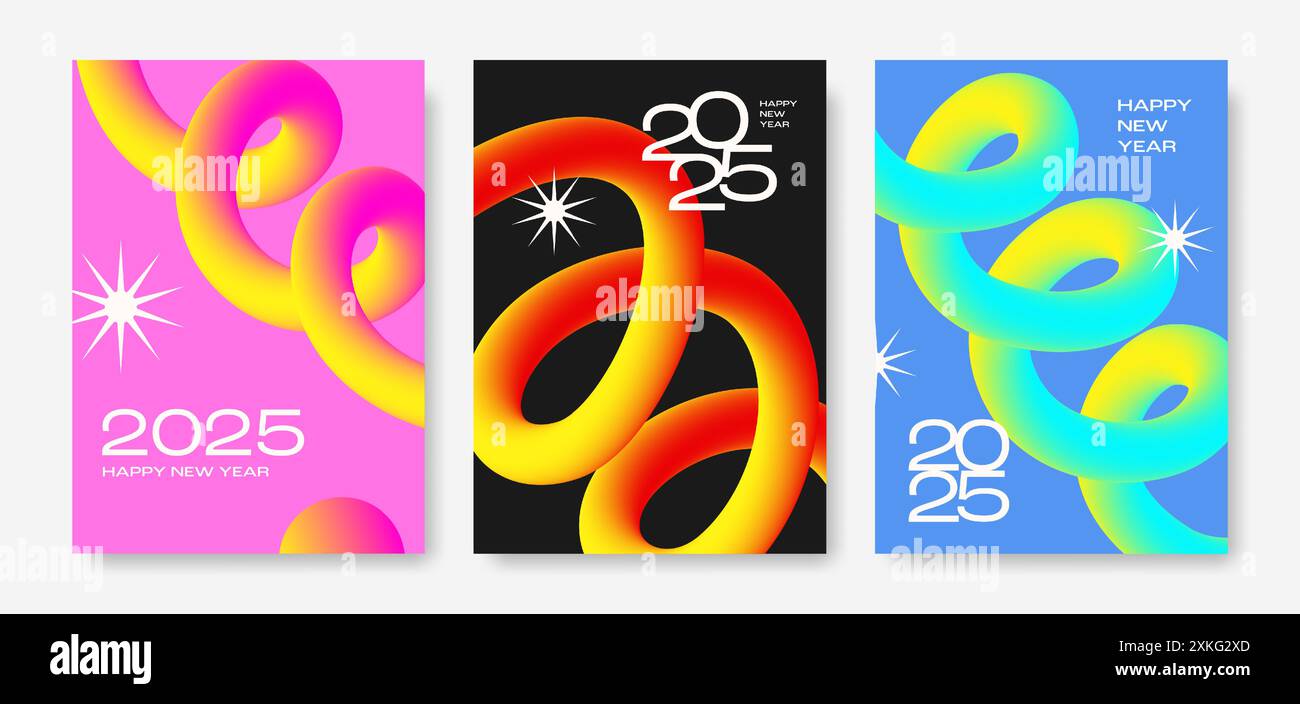 Poster di felice anno nuovo 2025 con colorate curve di miscelazione 3D. Design moderno per carte di credito, copertina, banner e volantini. Illustrazione vettoriale Illustrazione Vettoriale
