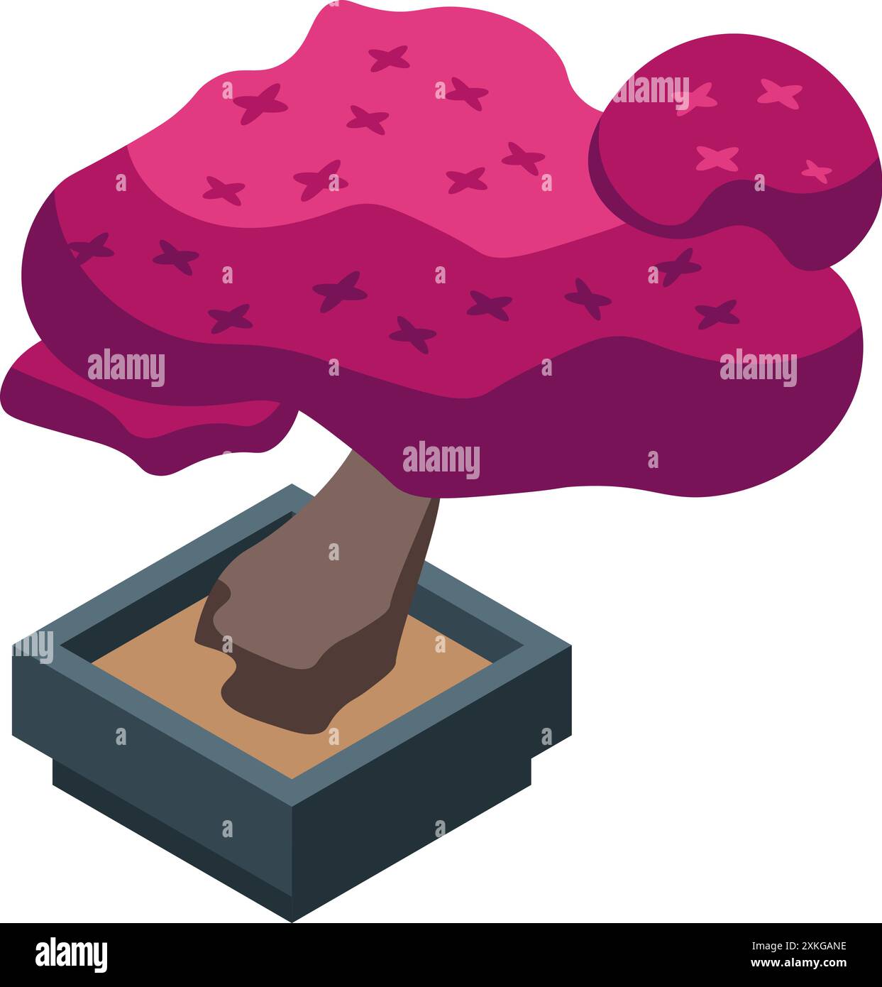 In questa illustrazione isometrica cresce un vivace albero di bonsai rosa in una pentola quadrata Illustrazione Vettoriale