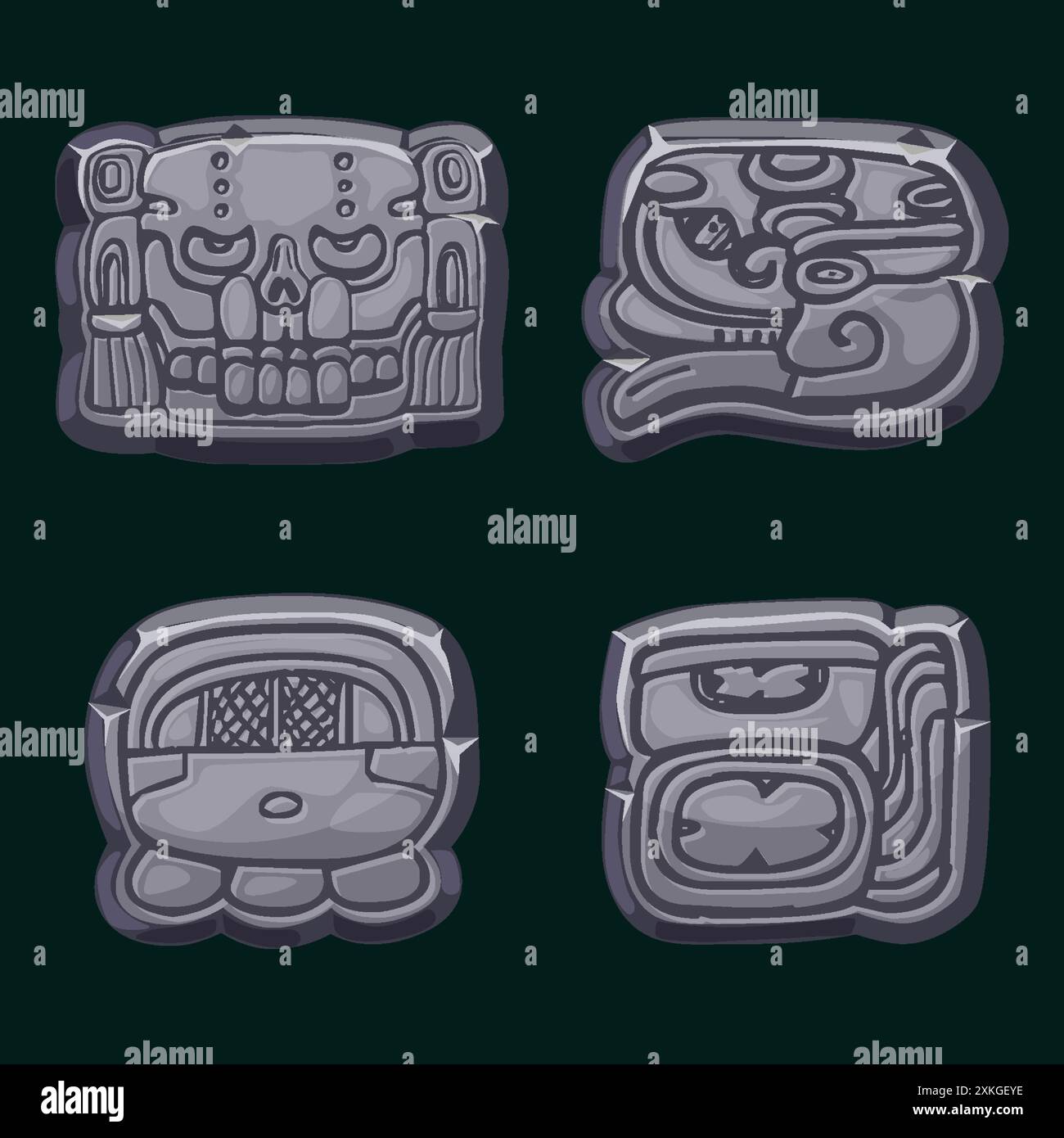 Civiltà Maya azteca: Akbal, Face, Glyph Maya, geroglifici del calendario Maya. Simboli di pietra per i giochi 2D o slot Illustrazione Vettoriale