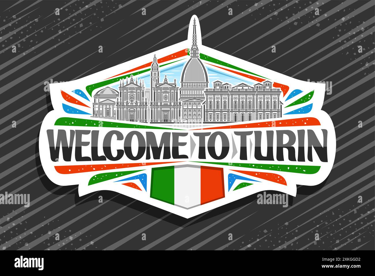 Logo vettoriale per Torino, etichetta decorativa bianca con illustrazione del paesaggio storico panoramico della città di torino su sfondo del cielo, rifrangente line art design Illustrazione Vettoriale
