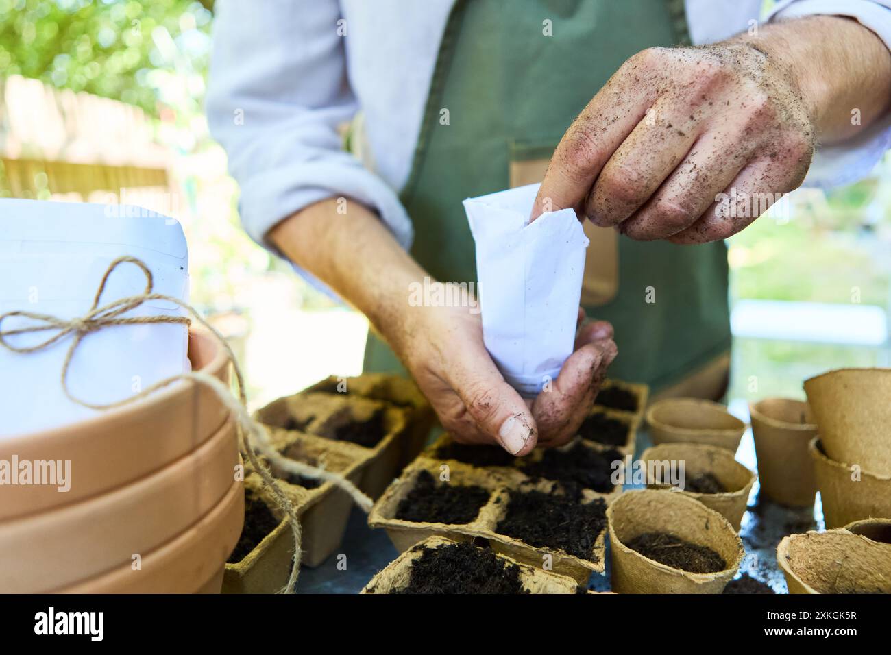 Giardiniere che piantano semi in vasi biodegradabili. Mani con terreno, vasi e pacchetti di semi. Attività di giardinaggio in una giornata di sole. Foto Stock