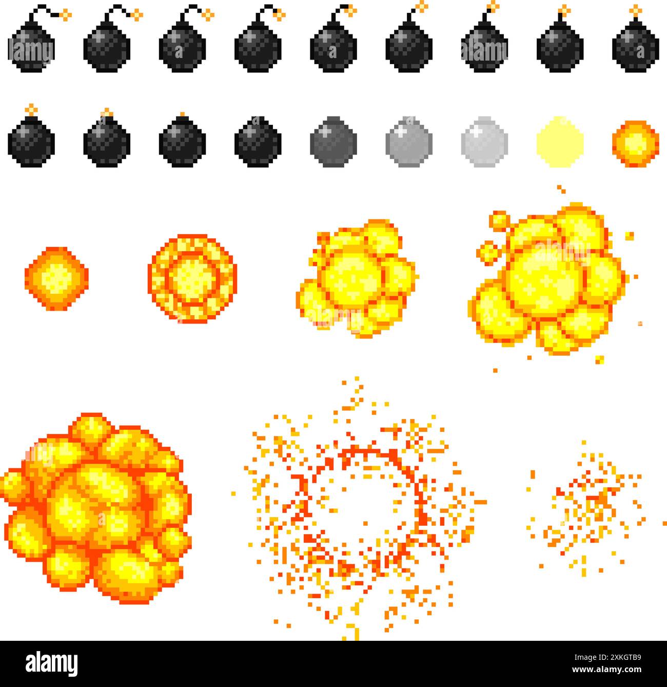 Set di pixel art di fotogrammi esplosivi di bombe. Raccolta di risorse per la progettazione di giochi Vector a 8 bit Illustrazione Vettoriale