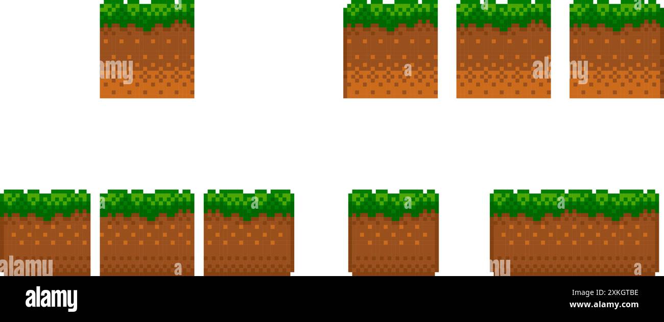 Set di piastrelle Pixel Art per videogiochi 2d retrò. Una serie di piastrelle di terra con erba per il platformer per il costruttore di posizioni. Illustrazione vettoriale Illustrazione Vettoriale