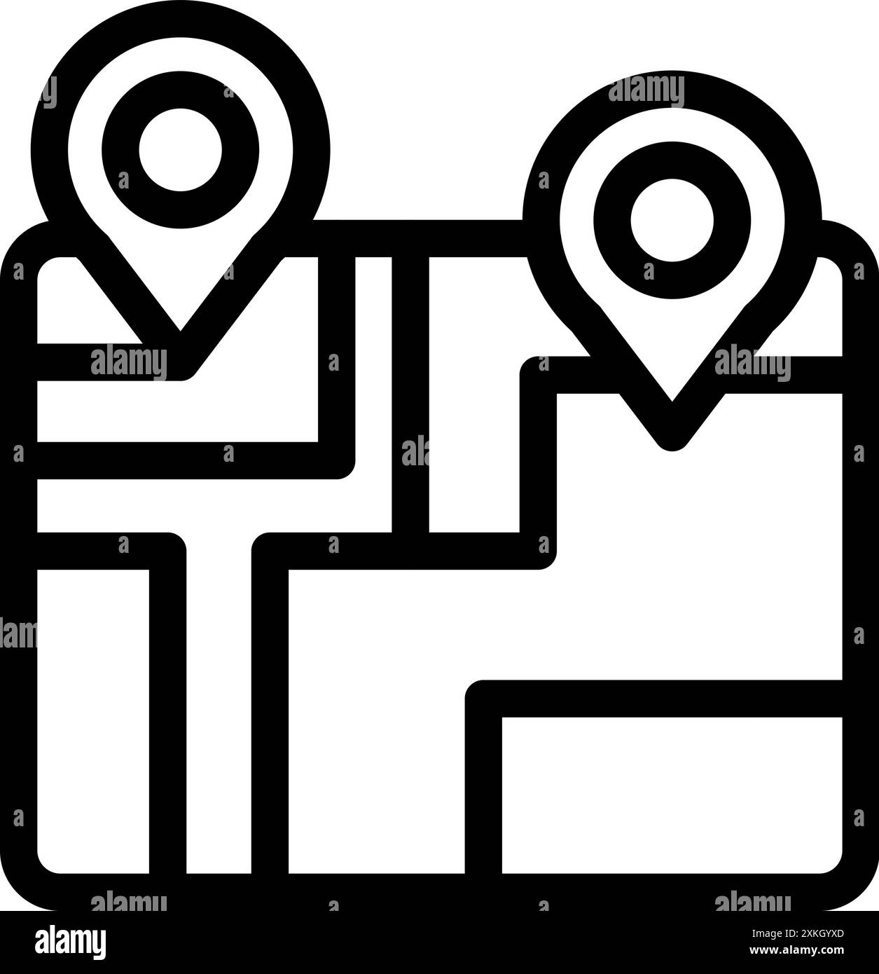 L'app di navigazione GPS mostra due spille di posizione su una mappa dettagliata della città Illustrazione Vettoriale