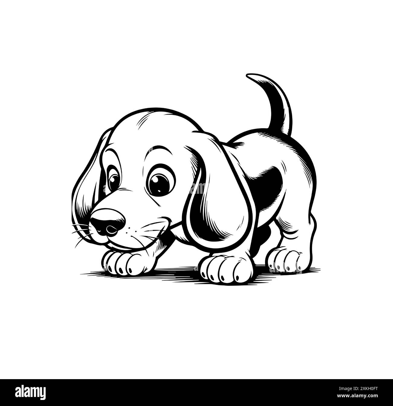 Terreno per lo sniffing dei cuccioli di Beagle Hound. Giocoso e carino, felice e sorridente. Ideale per disegni per bambini, biglietti d'auguri, adesivi, libri da colorare. Nero e. Illustrazione Vettoriale