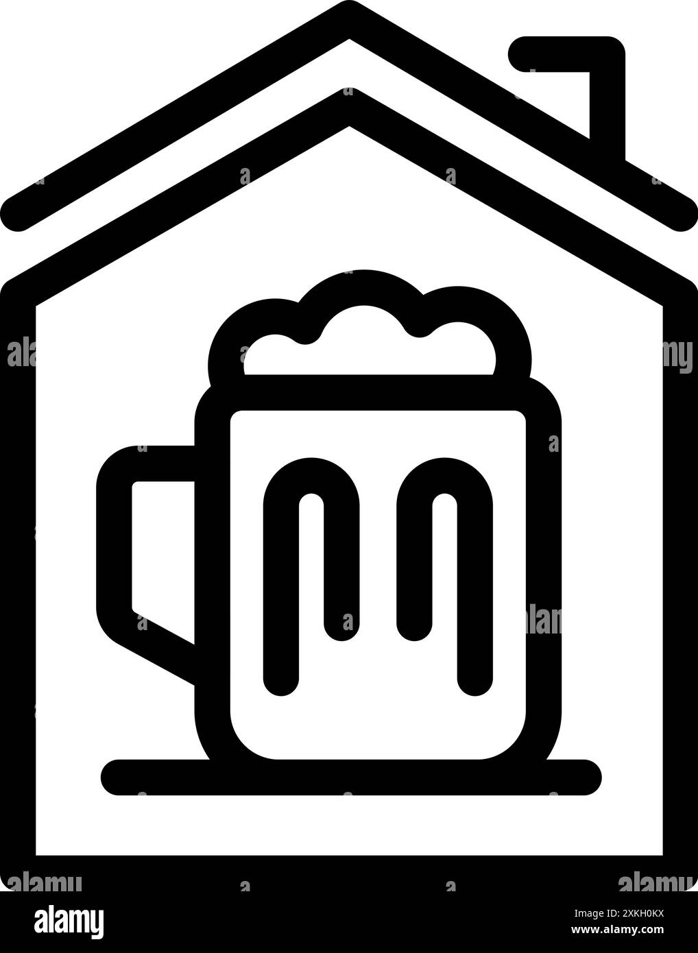 Semplice icona di una tazza di birra all'interno del profilo di una casa, che rappresenta concetti come feste a casa o pub Illustrazione Vettoriale