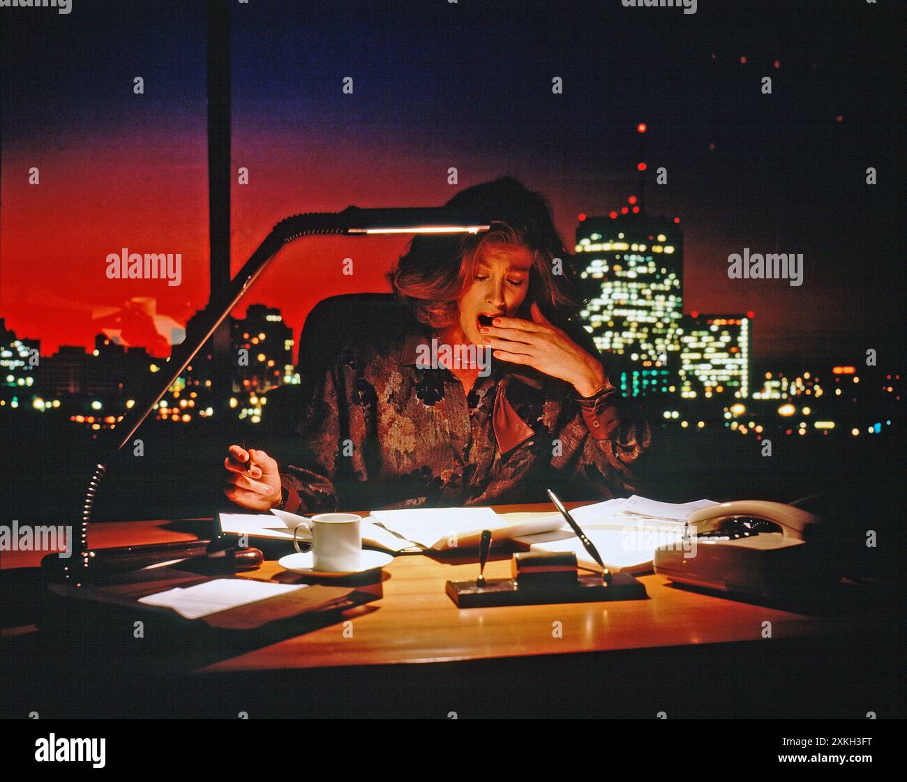 Affari e professioni. Executive. Donna nel moderno ufficio cittadino che lavora fino a tardi. Foto Stock