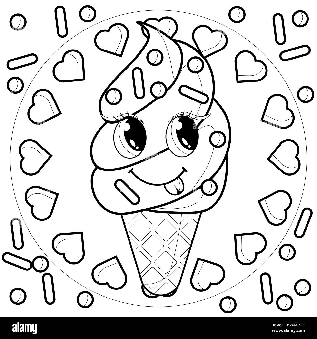 Pagina da colorare per bambini e adulti. Libro da colorare delle sirene. Un bel gelato. Delizioso deserto. Illustrazione vettoriale del contorno del cartone animato. Bambini Foto Stock