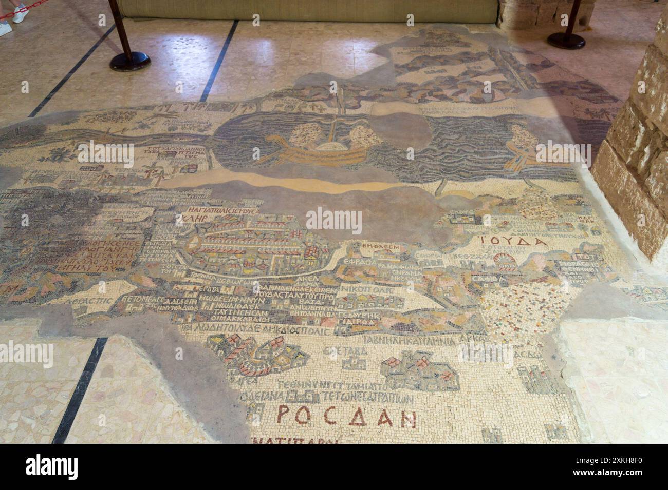 Il Mar morto rappresentato sulla mappa di Madaba, mappa del mondo dell'era bizantina, 542-70 d.C., Chiesa di San Giorgio, Madaba, Giordania Foto Stock