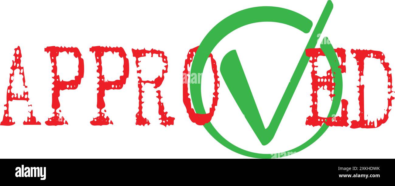 Vettore di timbro approvato isolato in stile piatto. Etichetta di testo rossa approvata con icona di contrassegno verde per l'elemento di progettazione Illustrazione Vettoriale