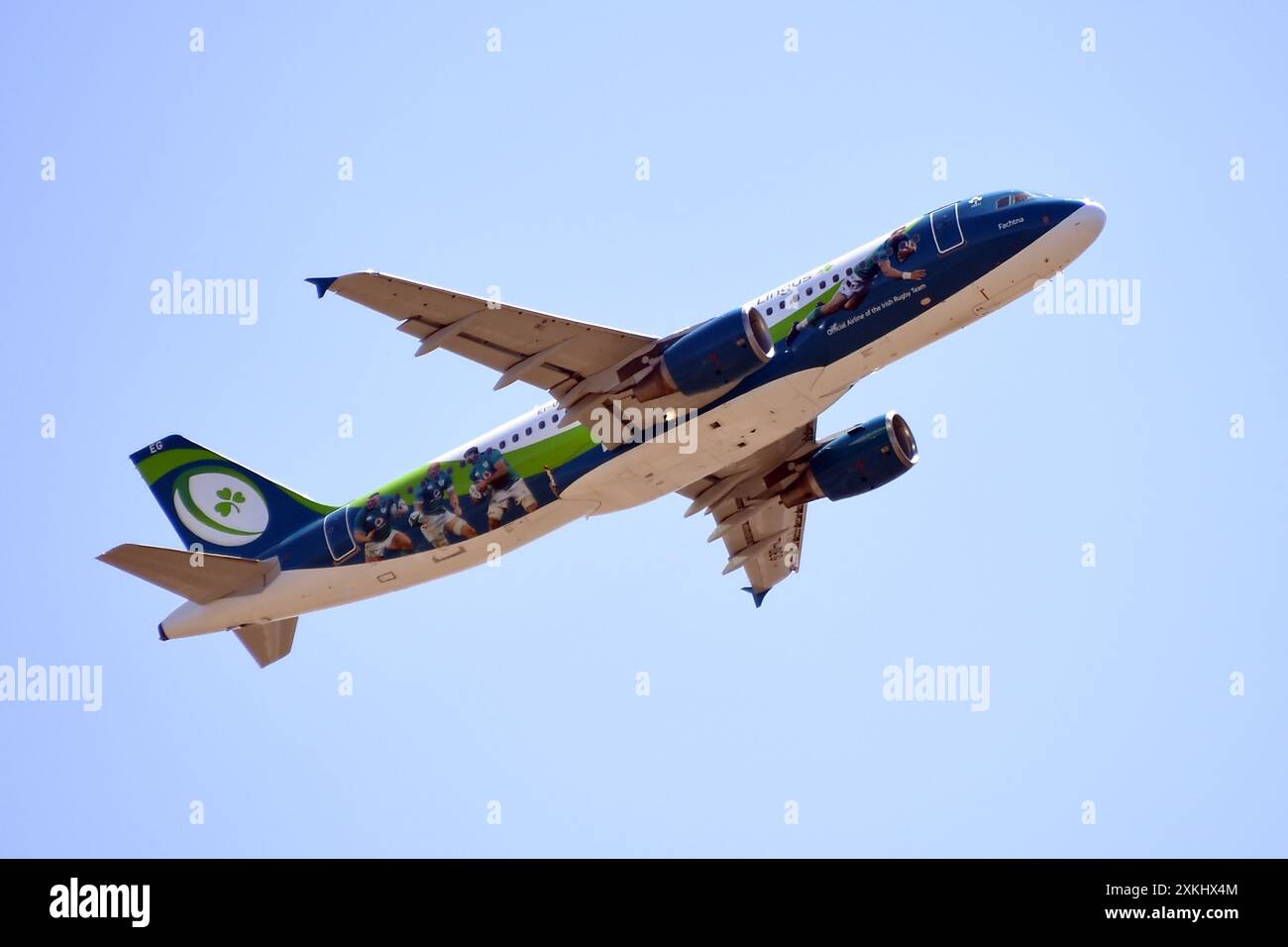 Fiumicino, Lazio. 23 luglio 2024. Gli Airbus A320 sono la squadra ufficiale di rugby irlandese della Lingus. Aereo per l'aeroporto di Fiumicino. Fiumicino (Italia), 23 luglio 2024. Crediti: massimo insabato/Alamy Live News Foto Stock