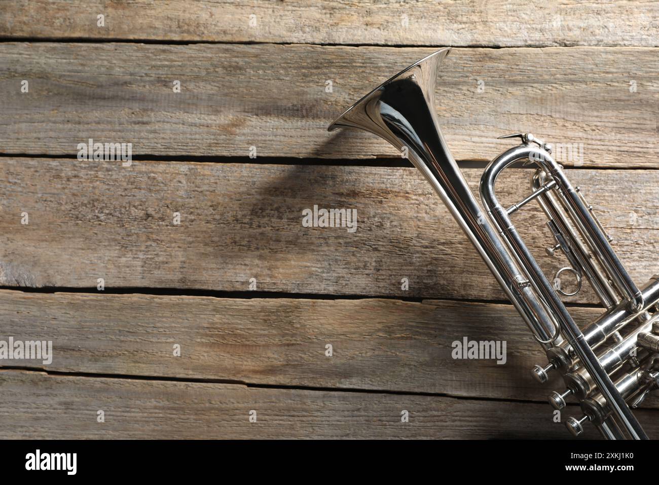 Tromba su tavolo in legno, vista dall'alto. Spazio per il testo Foto Stock