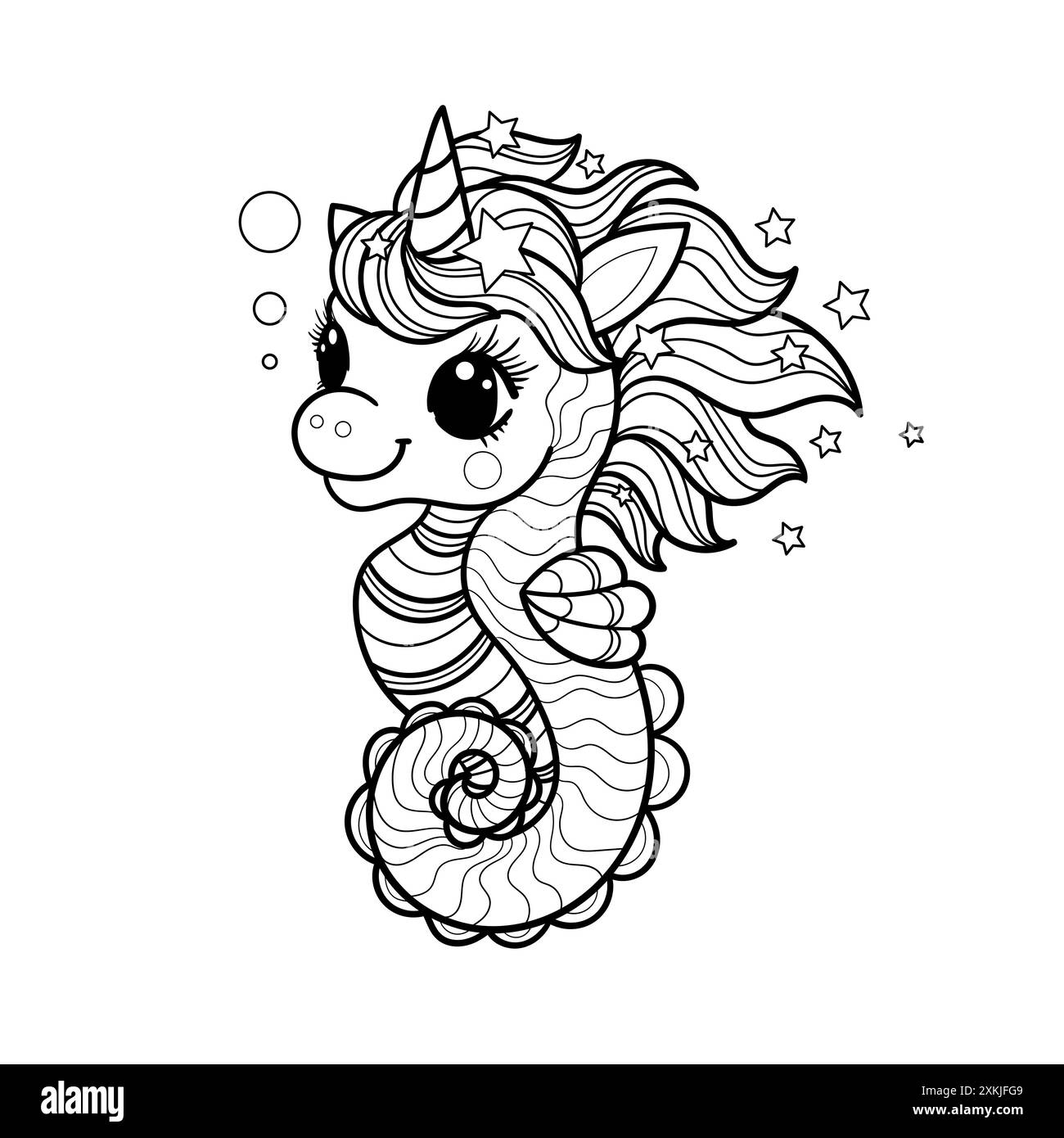 Carino carino cavalluccio marino unicorno a cartoni animati. Disegno lineare in bianco e nero. Isolato su sfondo bianco. Per la progettazione di libri da colorare, stampe e poster per bambini Illustrazione Vettoriale