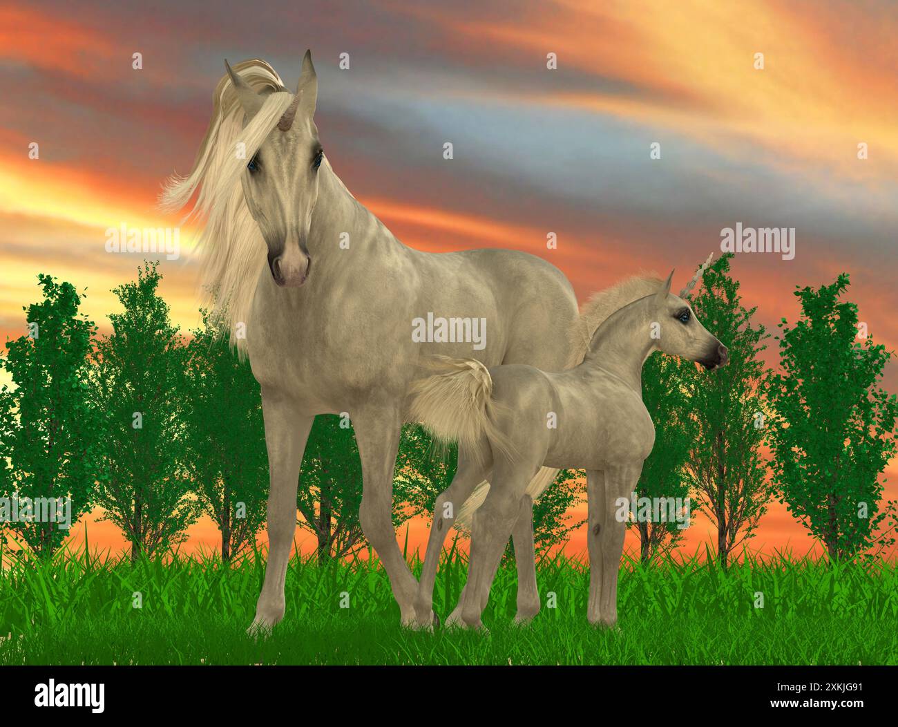 Un unicorno è una creatura mitica che ha un cappotto bianco, zoccoli e corno sulla fronte. Foto Stock