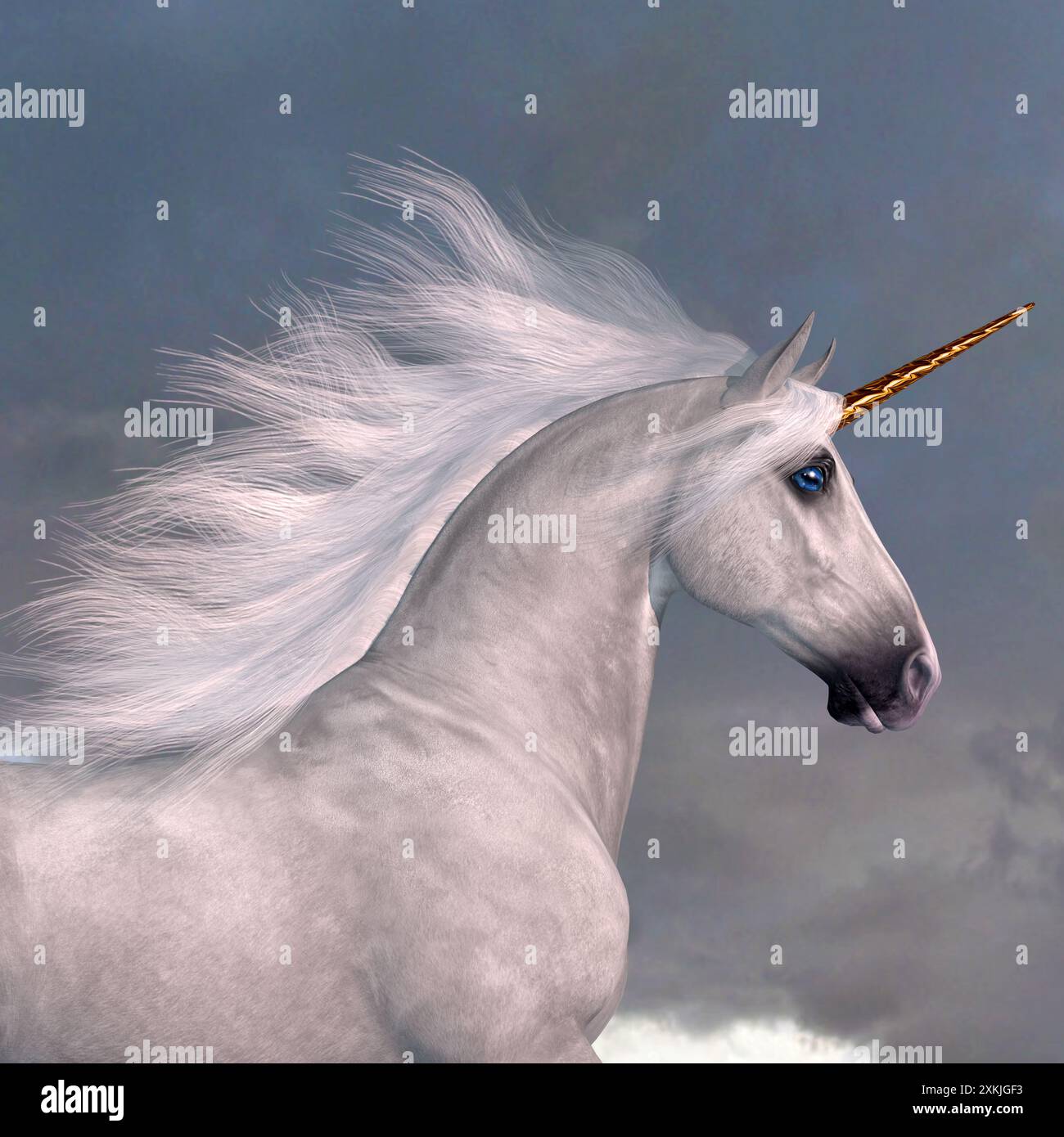 Un unicorno è una creatura mitica che ha un cappotto bianco, zoccoli e corno dorato sulla fronte. Foto Stock